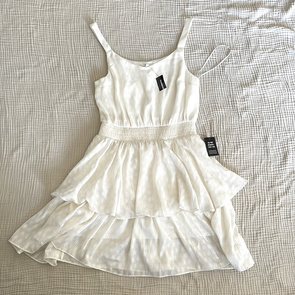 Express white drop waist dress with gold metallic stripe detail. Size small.